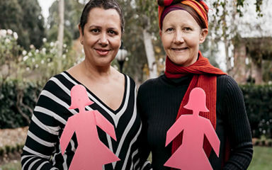 Two women with breast cancer holding BCNA pink lady