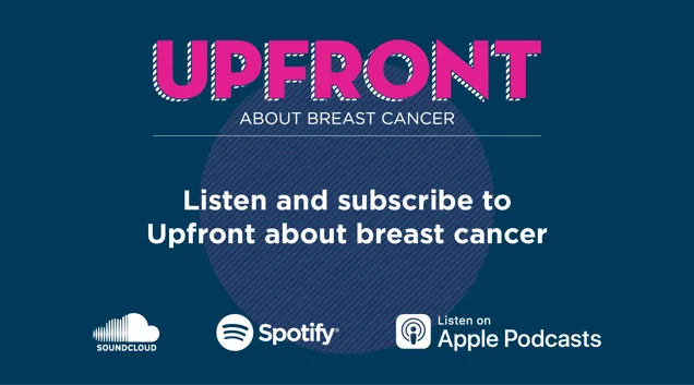 A dark blue background with the word Upfront in large pink letters