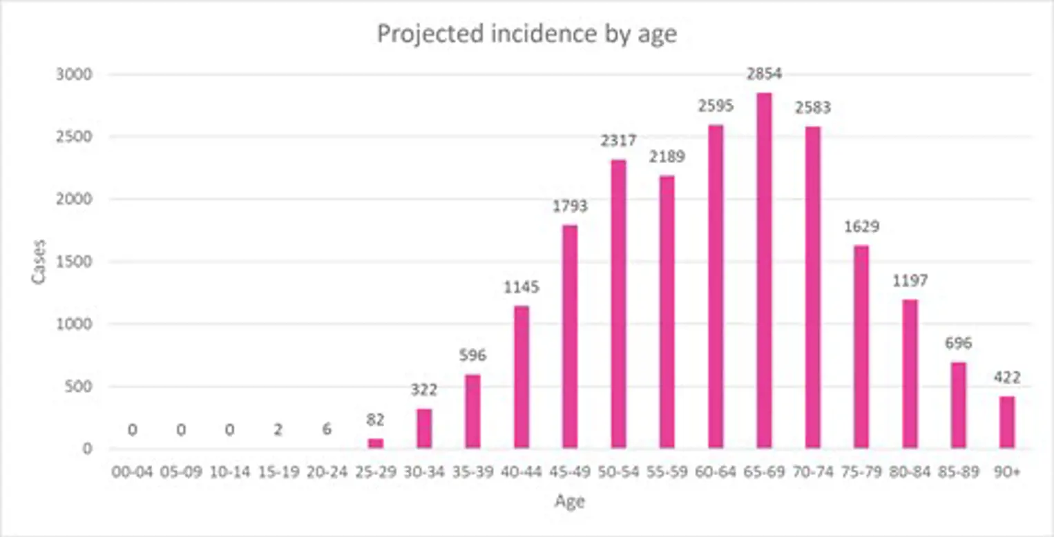 A graph that shows the incidence of breast cancer by age, for Australian women